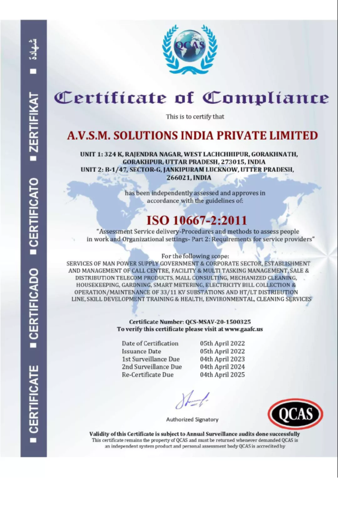 AVSM SOLUTIONS CERTIFICATES - ISO 10667-2_2011
