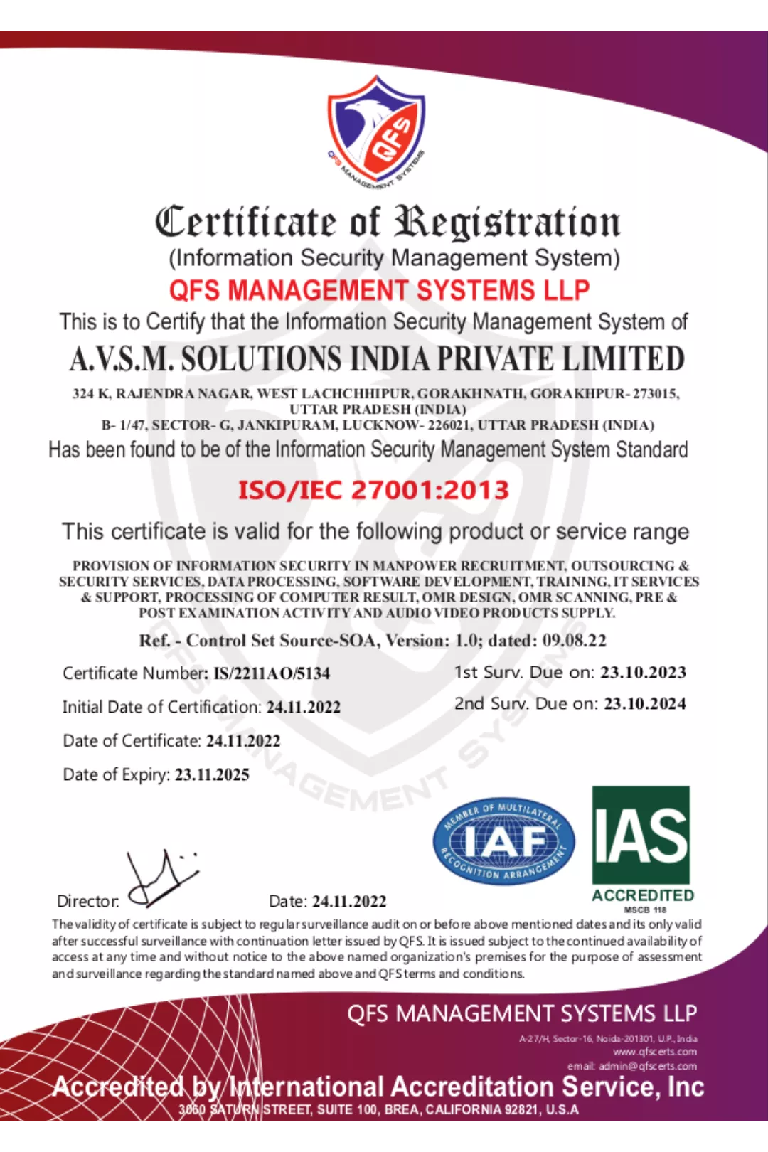 AVSM SOLUTIONS CERTIFICATES - ISO 27001_2013