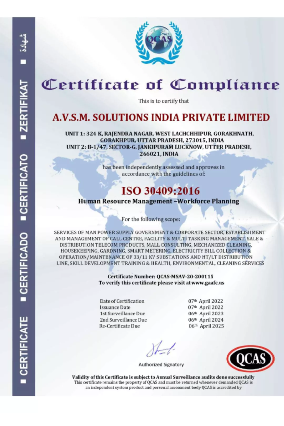 AVSM SOLUTIONS CERTIFICATES ISO 30409_2016