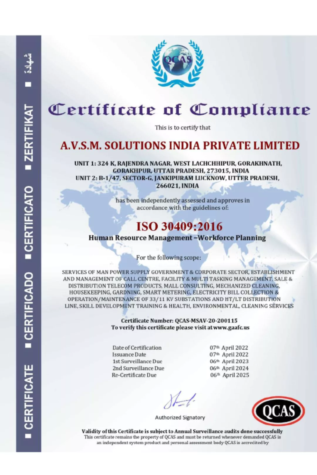 AVSM SOLUTIONS CERTIFICATES - ISO 30409_2016
