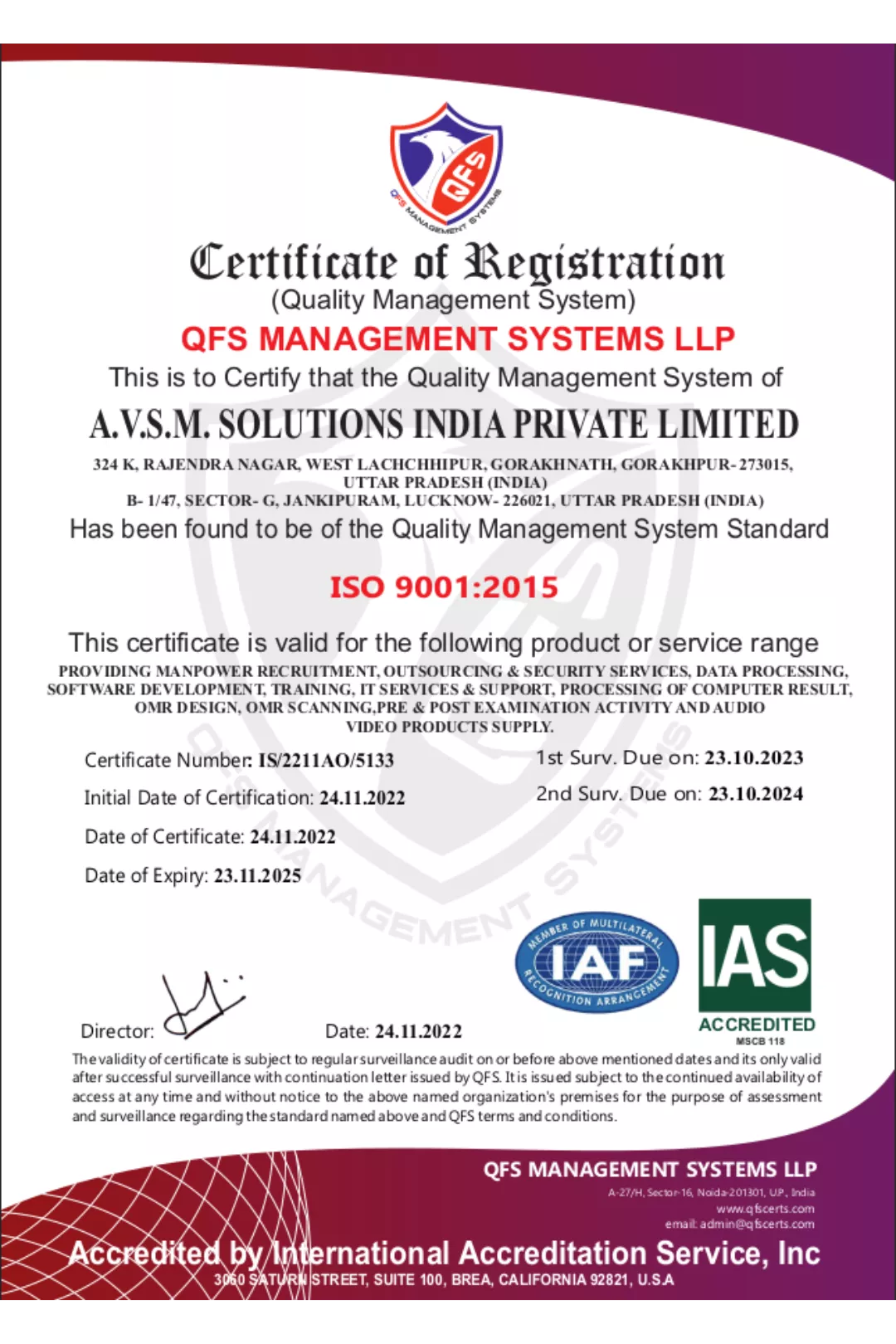 AVSM SOLUTIONS CERTIFICATES - ISO 9001_2015