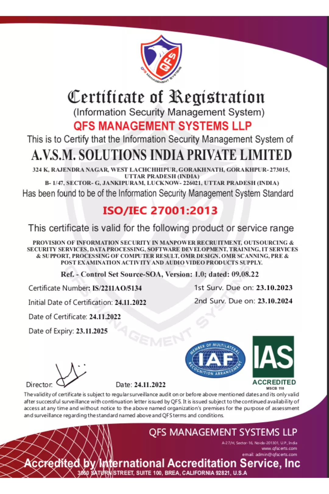 AVSM SOLUTIONS CERTIFICATES ISO_IEC 27001_2013